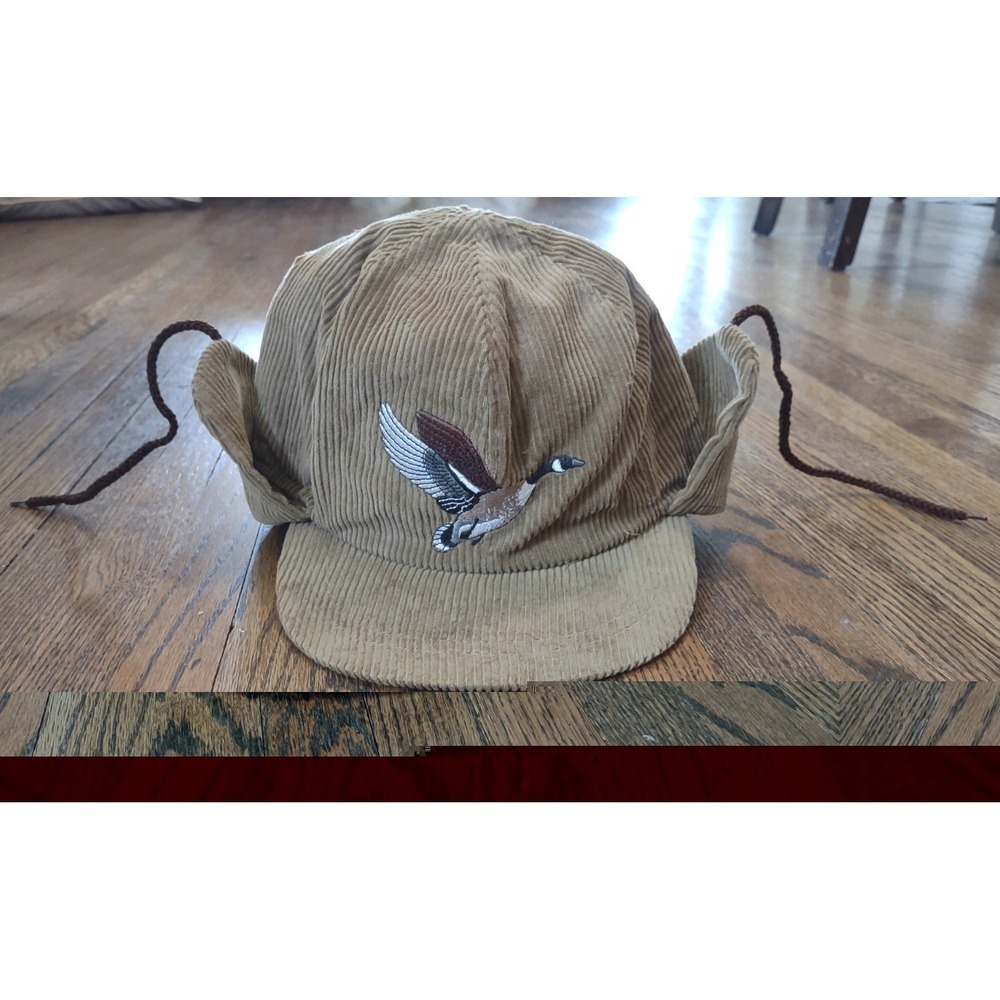 Vintage 80's Tan Corduroy Insulated Hat w/ Flaps Size S/M Embroidered Goose